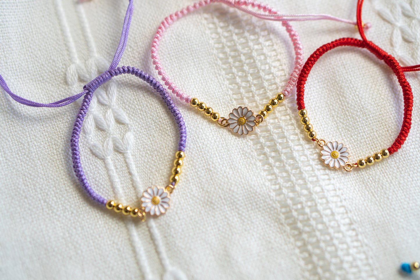 Colorful Cord Bracelet with 24K Gold Plated Beads and White flower