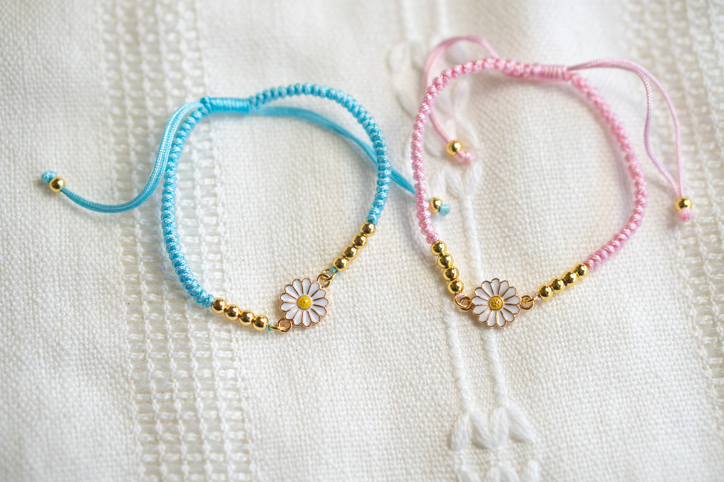 Colorful Cord Bracelet with 24K Gold Plated Beads and White flower