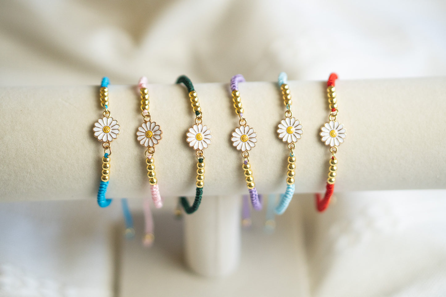 Colorful Cord Bracelet with 24K Gold Plated Beads and White flower
