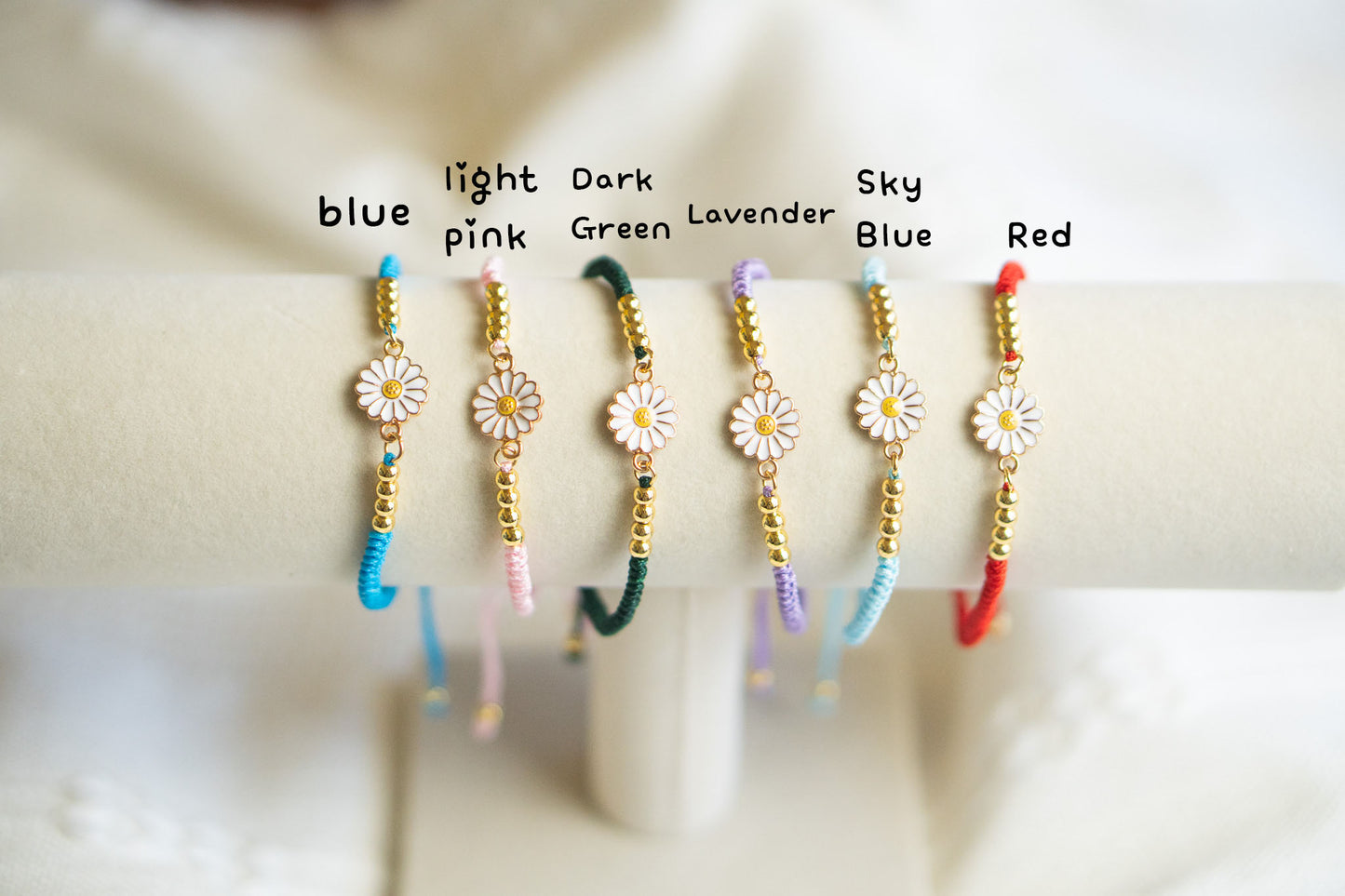 Colorful Cord Bracelet with 24K Gold Plated Beads and White flower