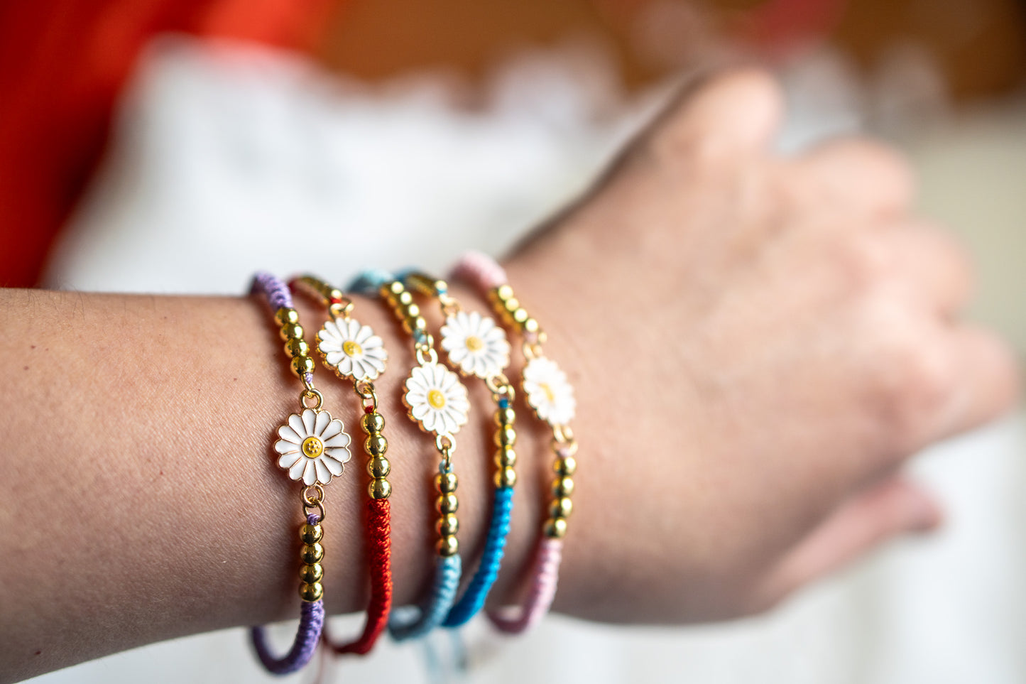 Colorful Cord Bracelet with 24K Gold Plated Beads and White flower