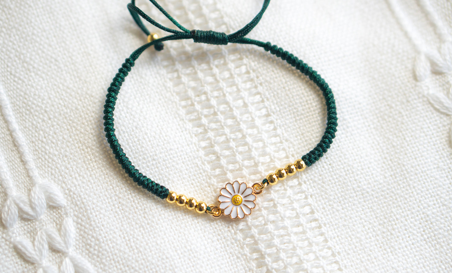 Colorful Cord Bracelet with 24K Gold Plated Beads and White flower