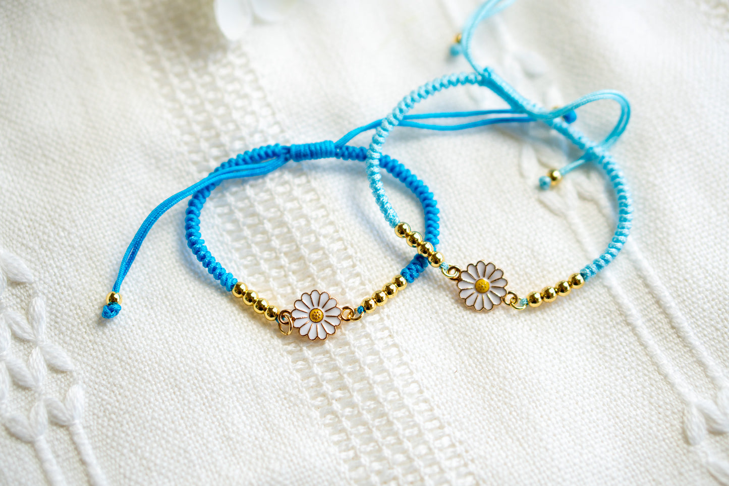 Colorful Cord Bracelet with 24K Gold Plated Beads and White flower