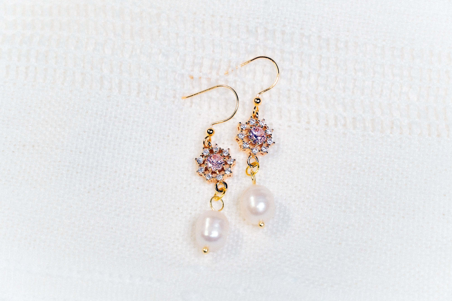Pink Flower Rhinestone with Pearl Earrings