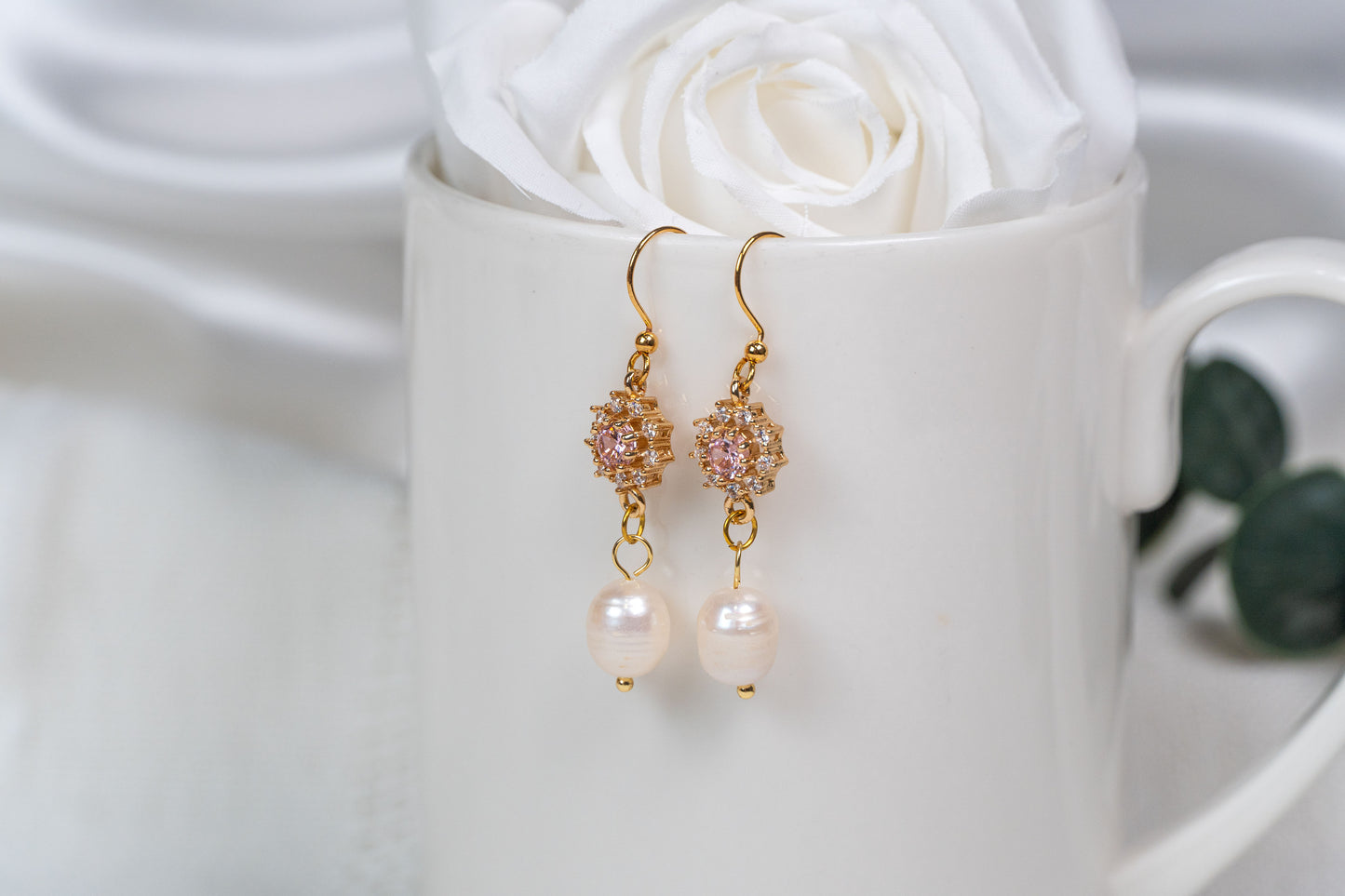 Pink Flower Rhinestone with Pearl Earrings