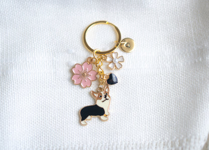 Black Corgi Flower Charm Keychain