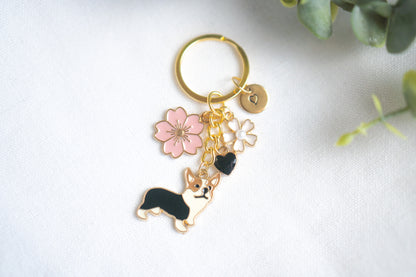 Black Corgi Flower Charm Keychain