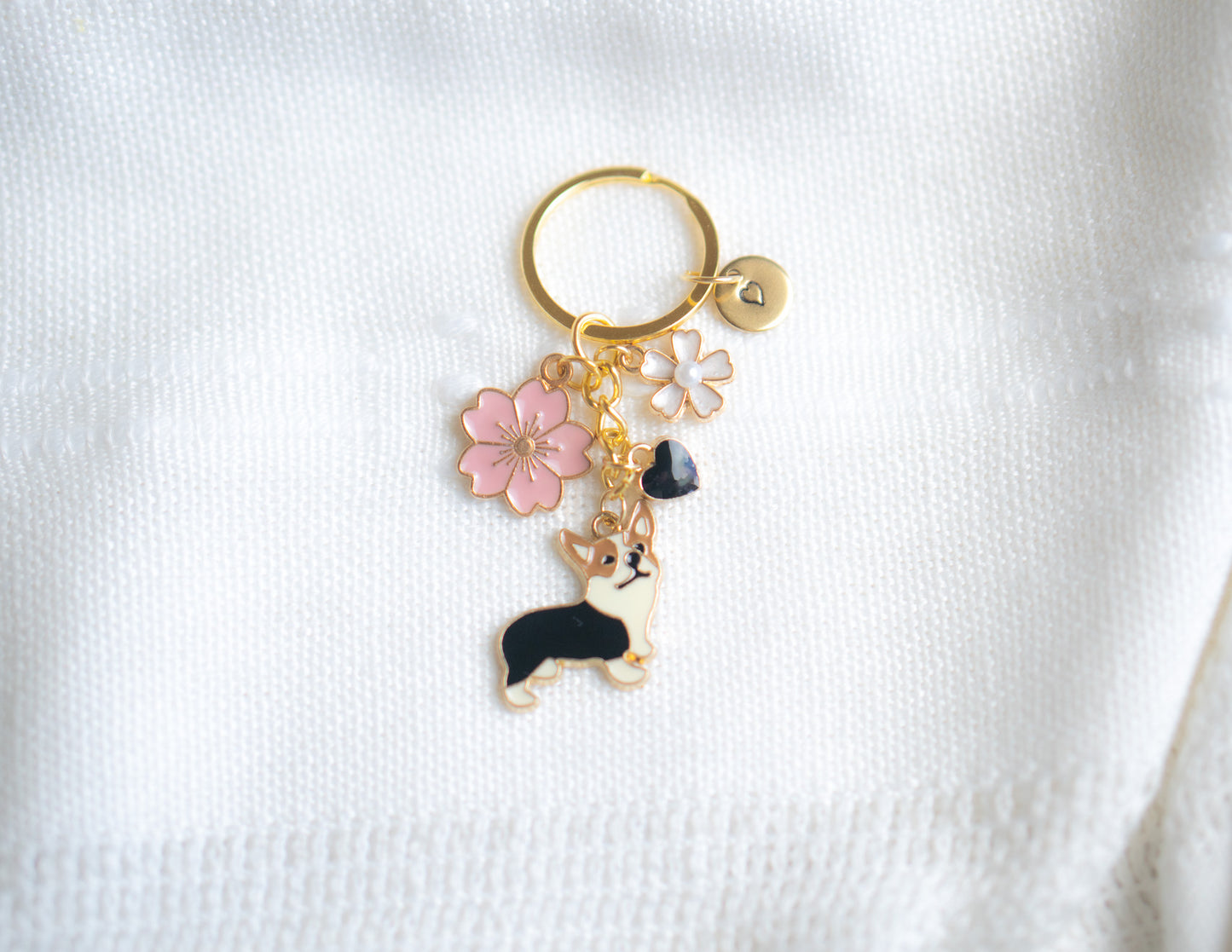 Black Corgi Flower Charm Keychain