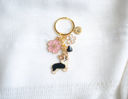 Black Corgi Flower Charm Keychain