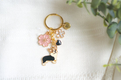 Black Corgi Flower Charm Keychain