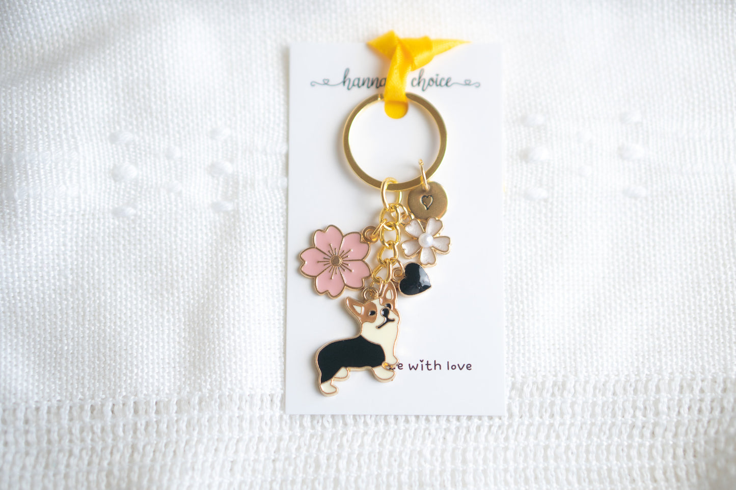 Black Corgi Flower Charm Keychain