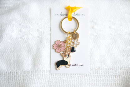 Black Corgi Flower Charm Keychain