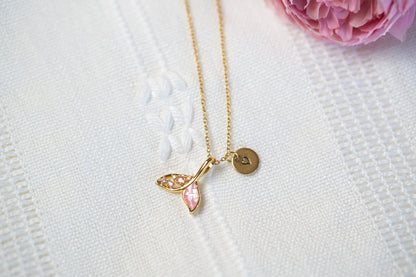 Pink Cubic Zirconia Whale Tail, Mermaid Tail Necklace