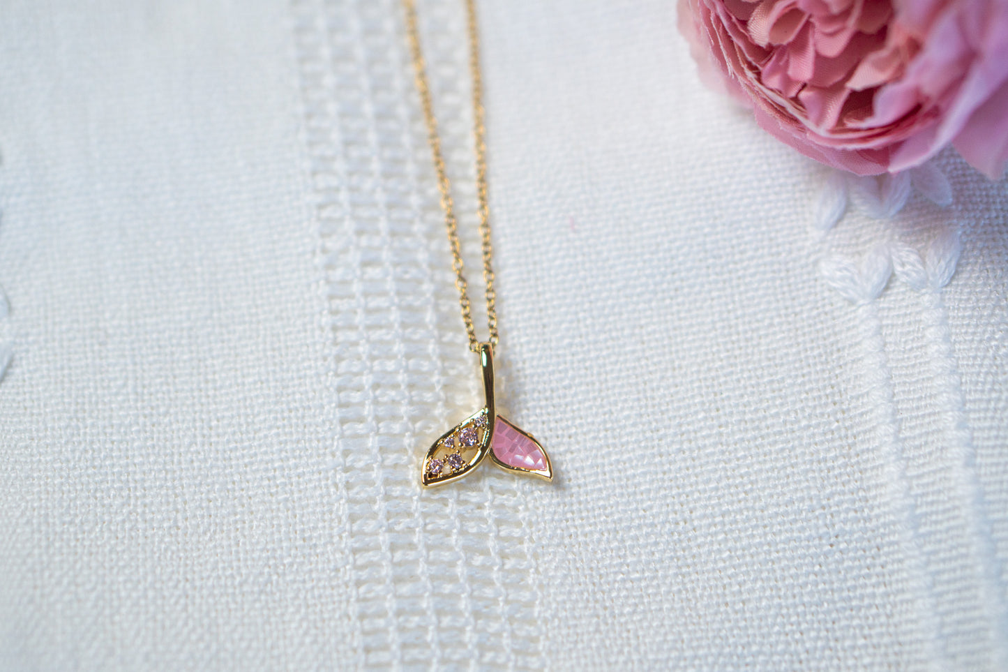 Pink Cubic Zirconia Whale Tail, Mermaid Tail Necklace