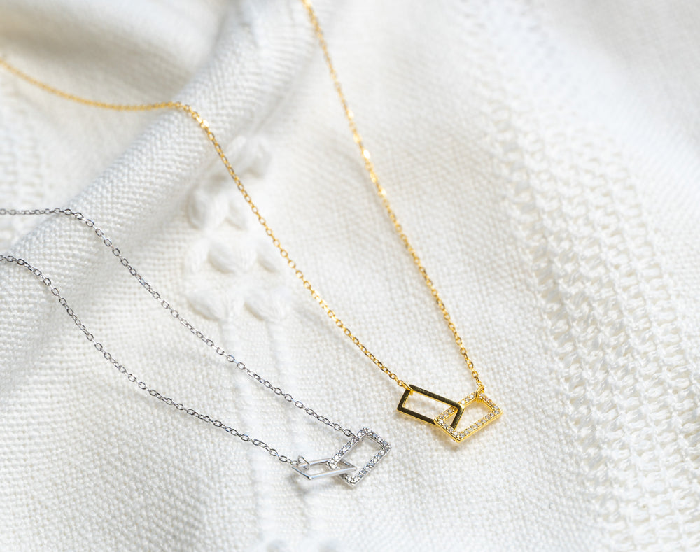 Cubic Zirconia Geometric Crossed Square Necklace