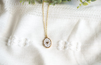 White Oval Gold Sun Necklace