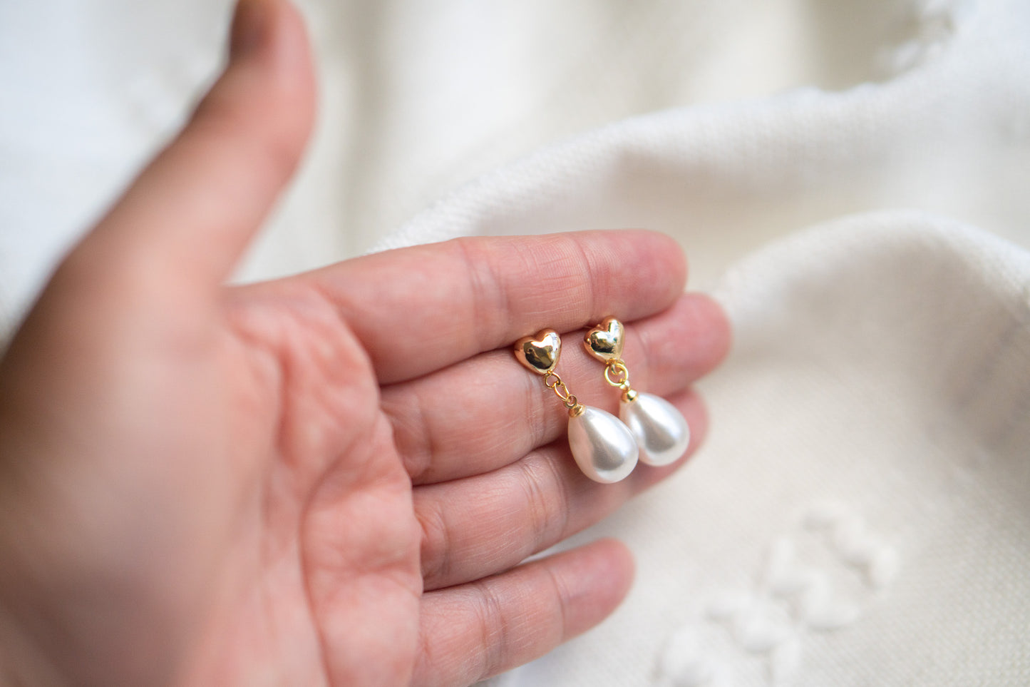 Gold Heart Pearl Stud Drop Earrings