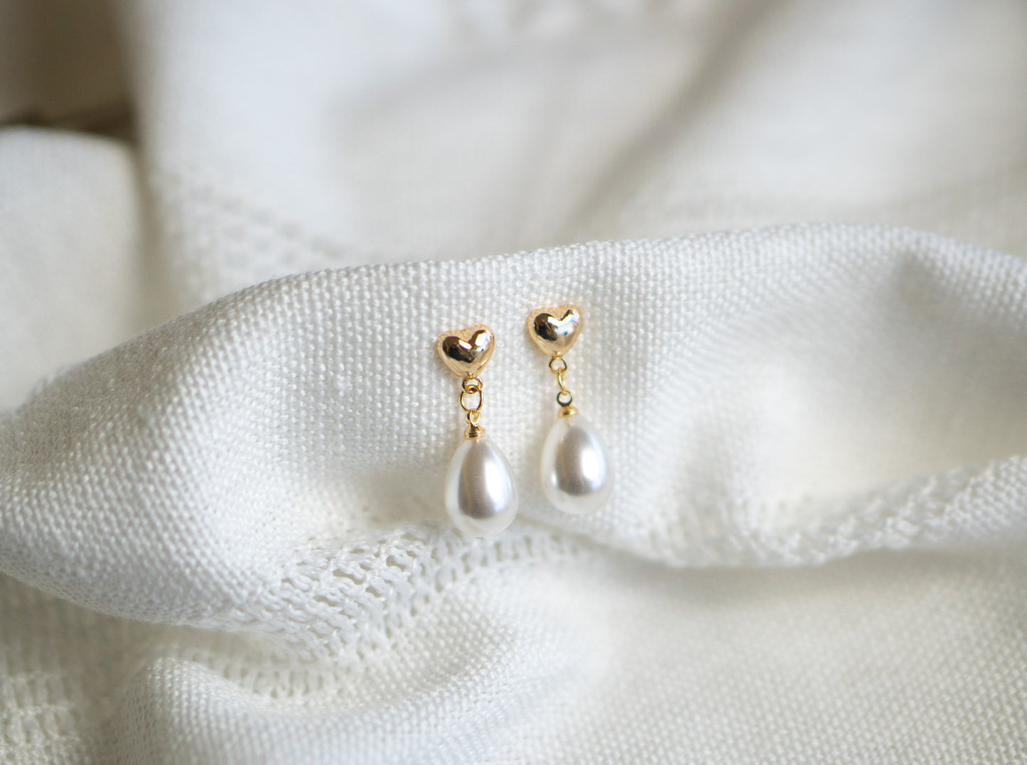 Gold Heart Pearl Stud Drop Earrings