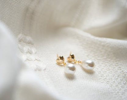 Gold Heart Pearl Stud Drop Earrings