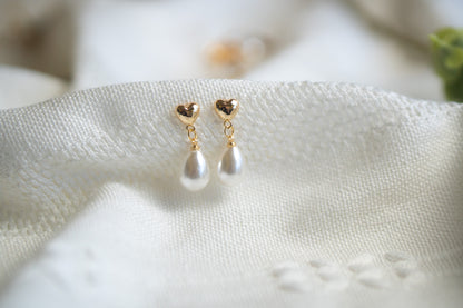 Gold Heart Pearl Stud Drop Earrings