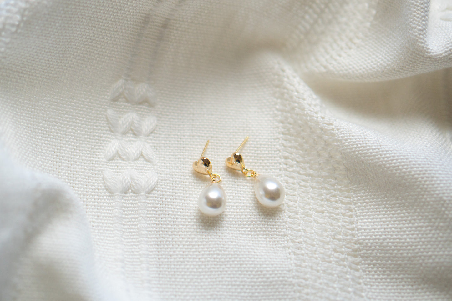 Gold Heart Pearl Stud Drop Earrings