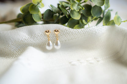 Gold Heart Pearl Stud Drop Earrings