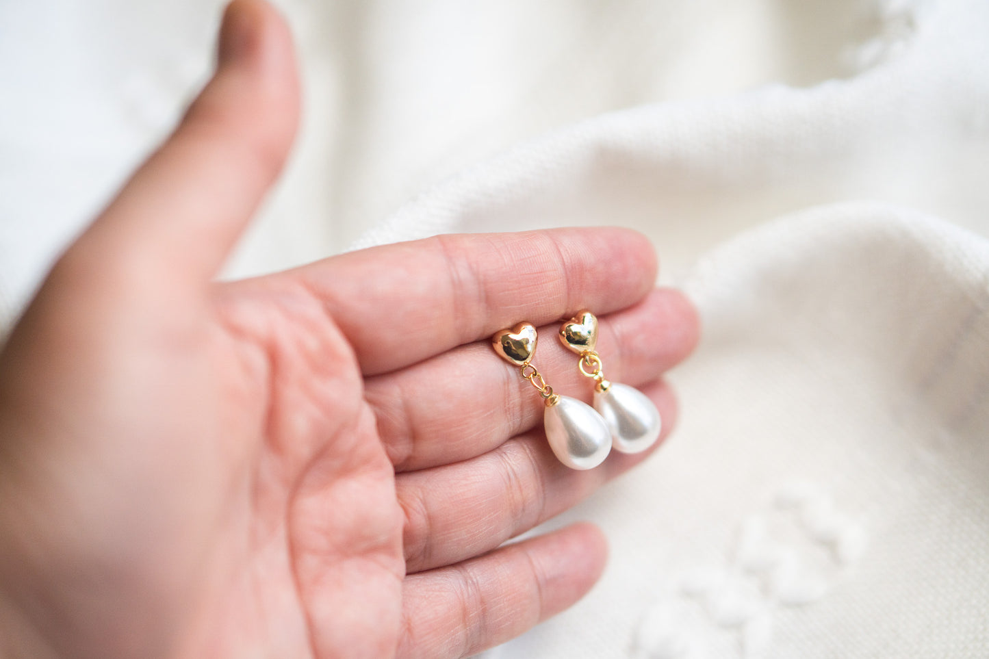 Gold Heart Pearl Stud Drop Earrings