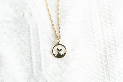 Gold Flat Round Mermaid Tail Pendant Necklace