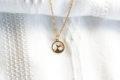 Gold Flat Round Mermaid Tail Pendant Necklace