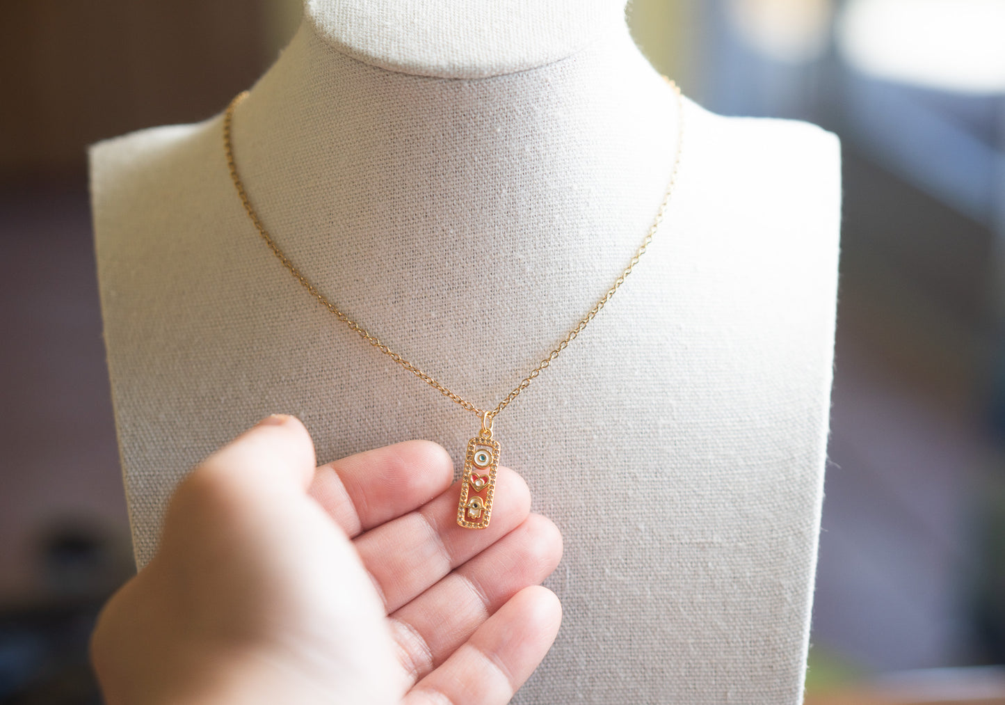 Small Gold Hamsa Hand Heart in Rectangle Necklace