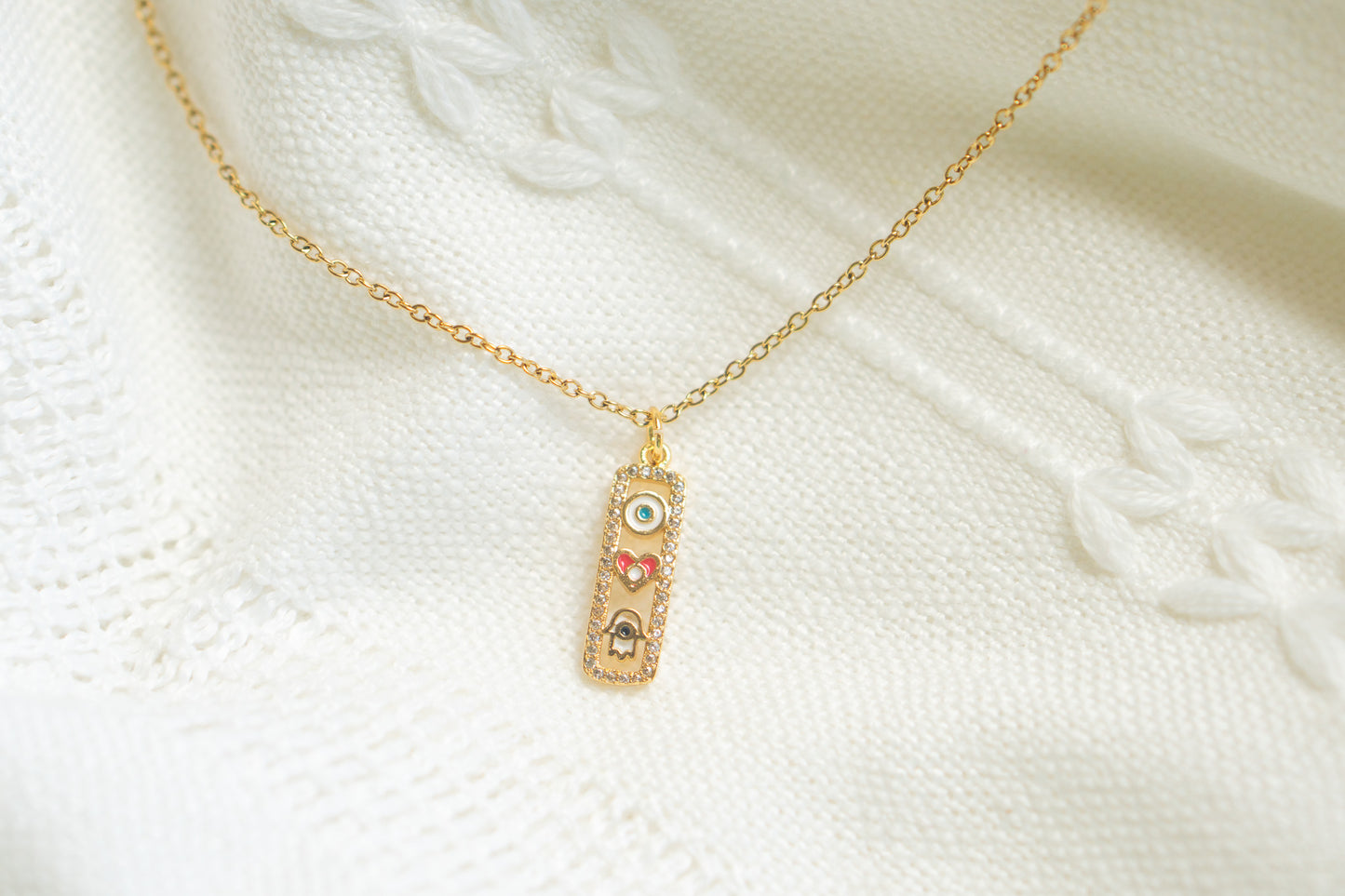 Small Gold Hamsa Hand Heart in Rectangle Necklace