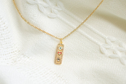 Small Gold Hamsa Hand Heart in Rectangle Necklace