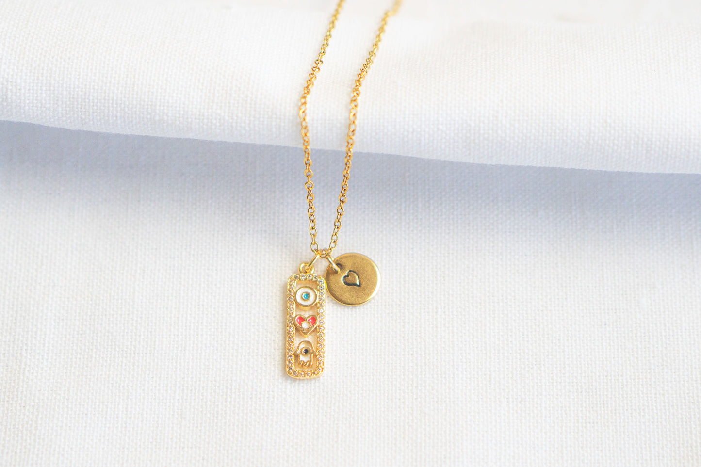 Small Gold Hamsa Hand Heart in Rectangle Necklace