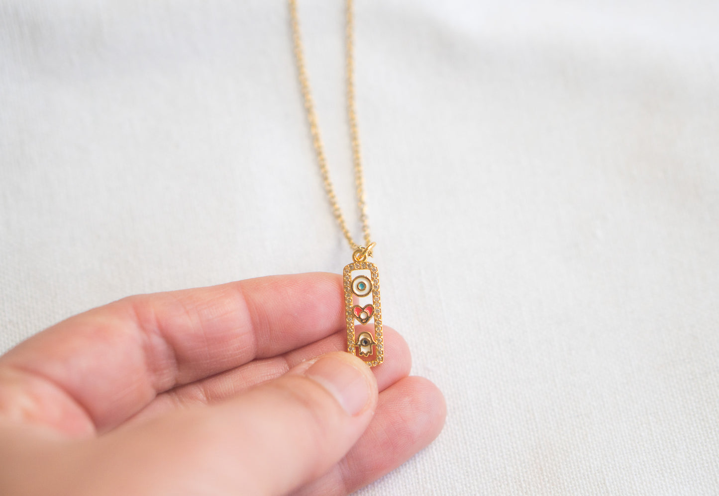 Small Gold Hamsa Hand Heart in Rectangle Necklace