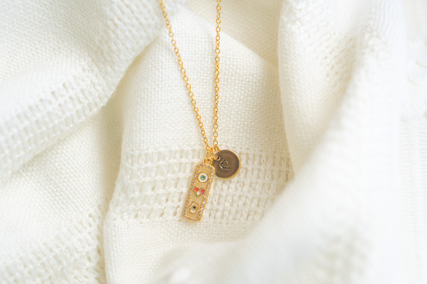 Small Gold Hamsa Hand Heart in Rectangle Necklace