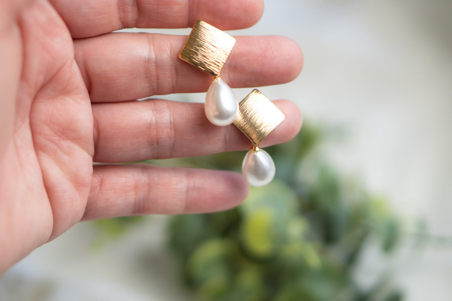 Gold Rhombus Pearl Drop Earrings