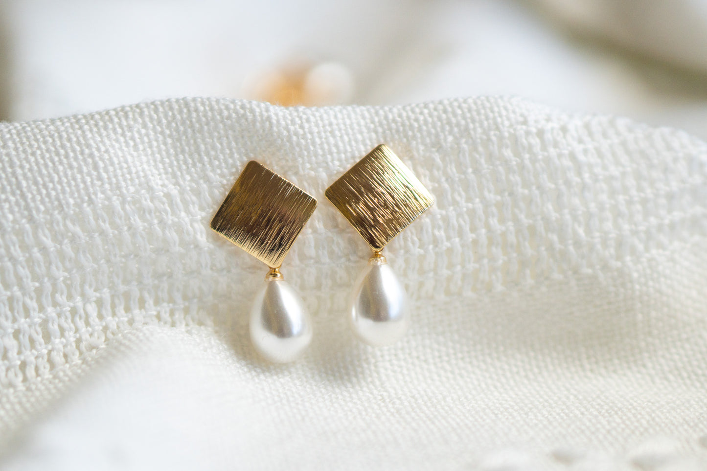 Gold Rhombus Pearl Drop Earrings