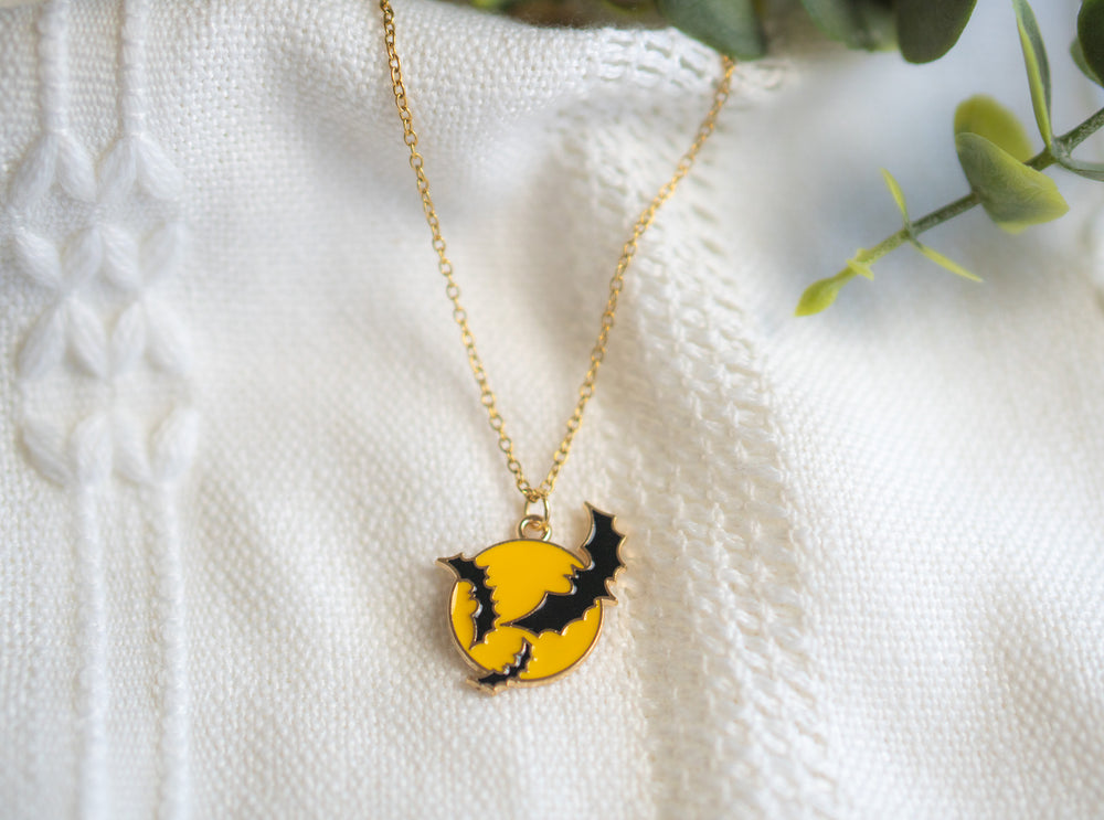 Personalized Halloween Bat Over the Moon Necklace,