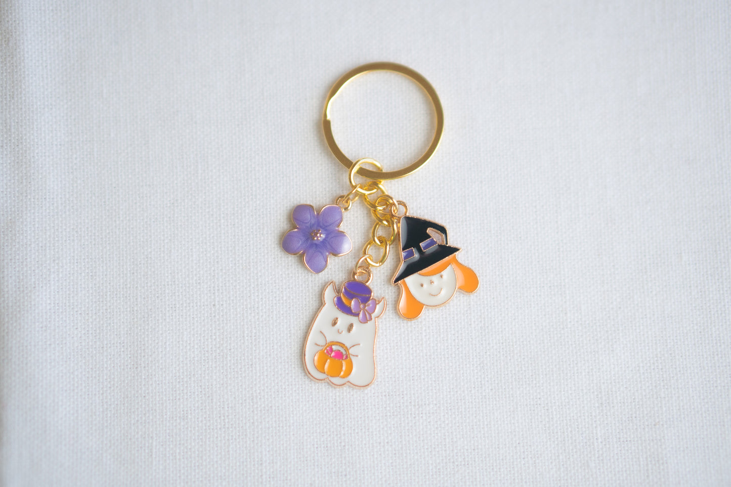 Halloween Ghost with Witch Flower Charm Keychain