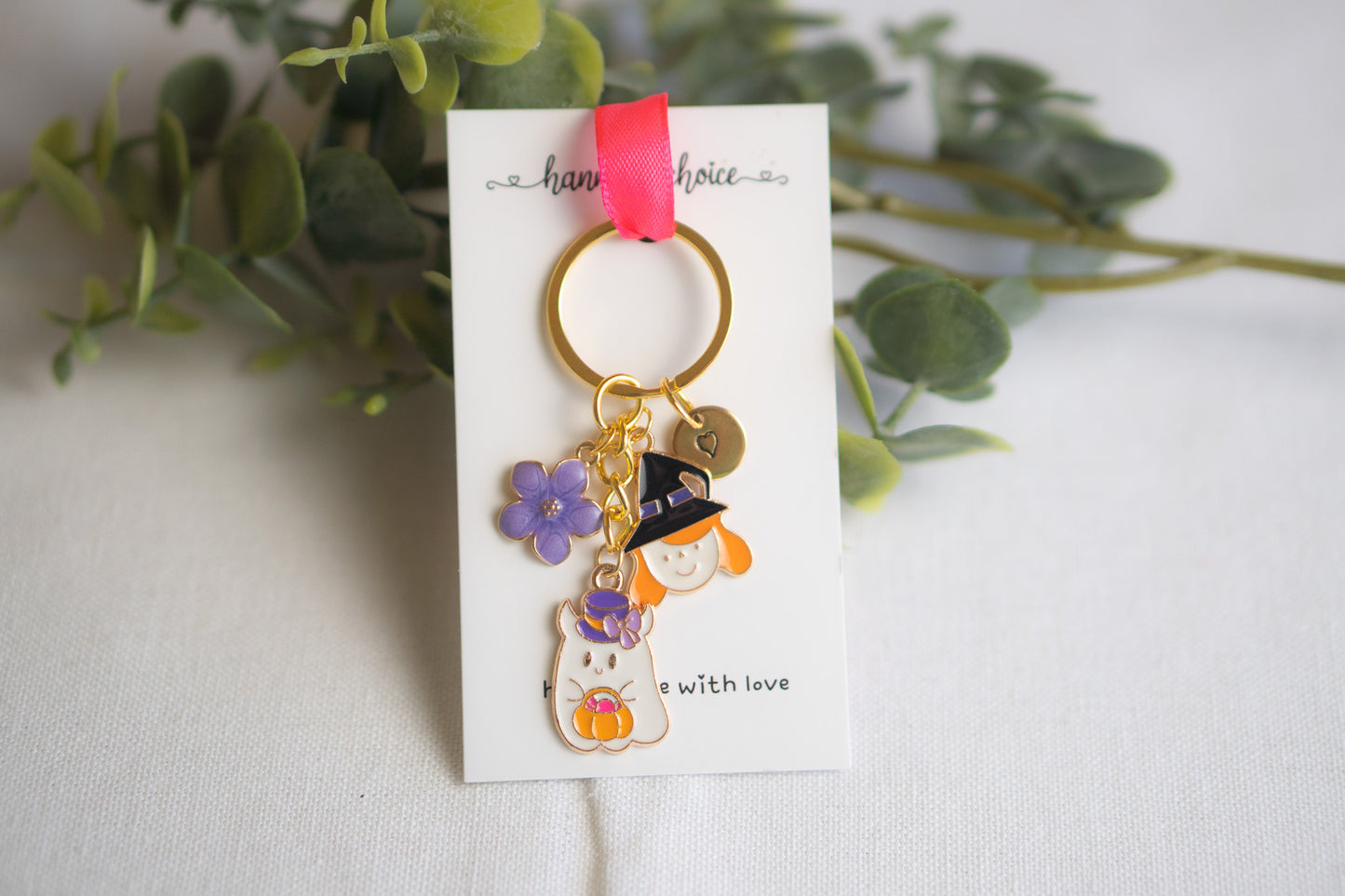 Halloween Ghost with Witch Flower Charm Keychain