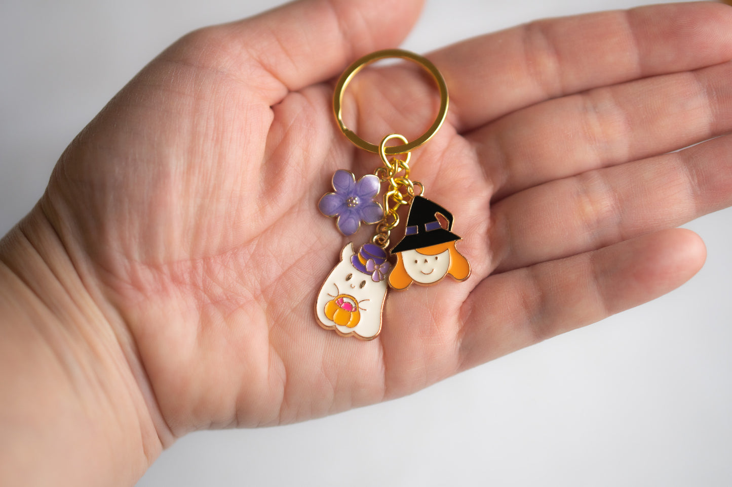 Halloween Ghost with Witch Flower Charm Keychain