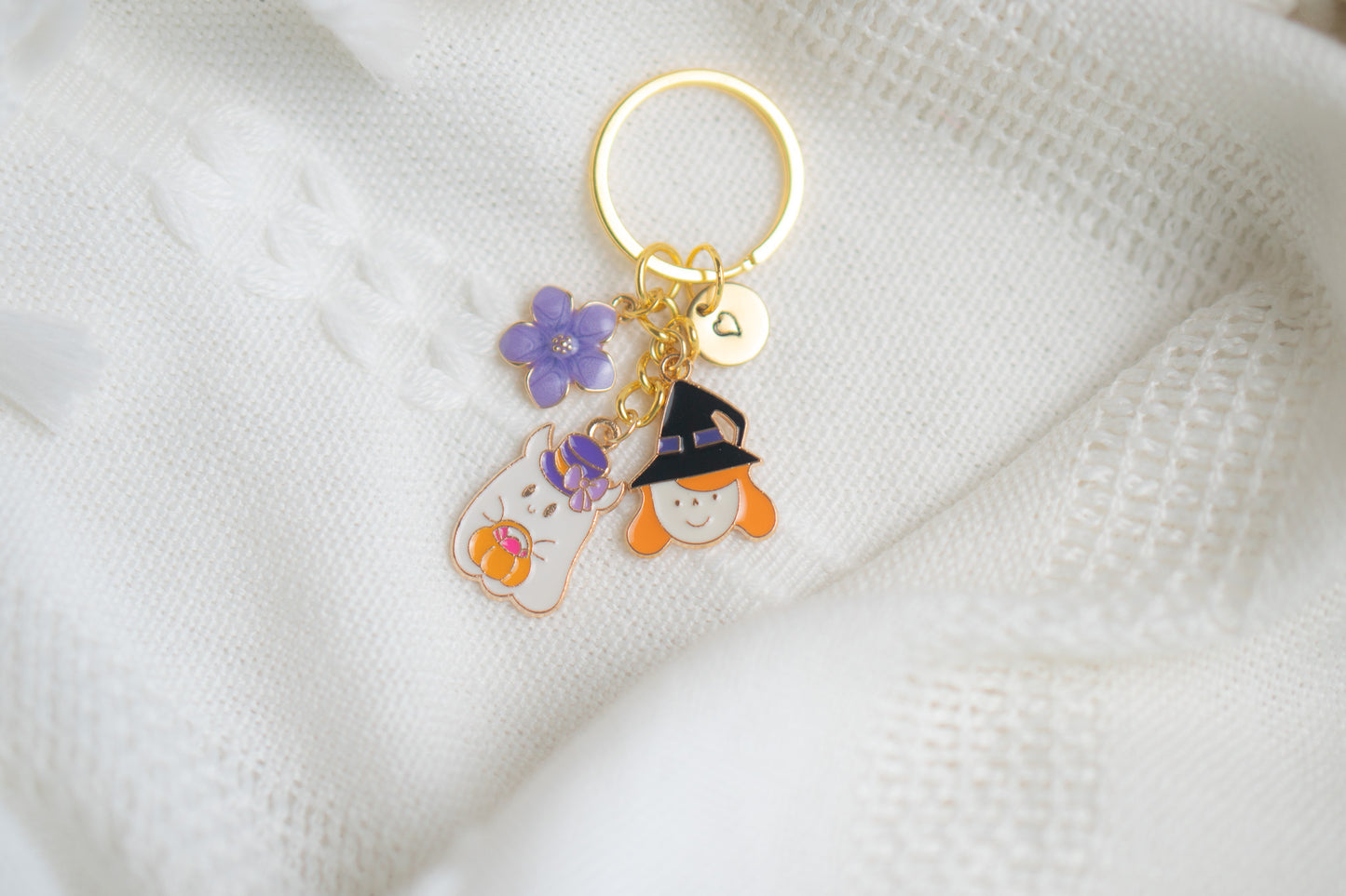 Halloween Ghost with Witch Flower Charm Keychain