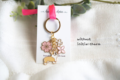 Brown Corgi with Flower Charm Keychain