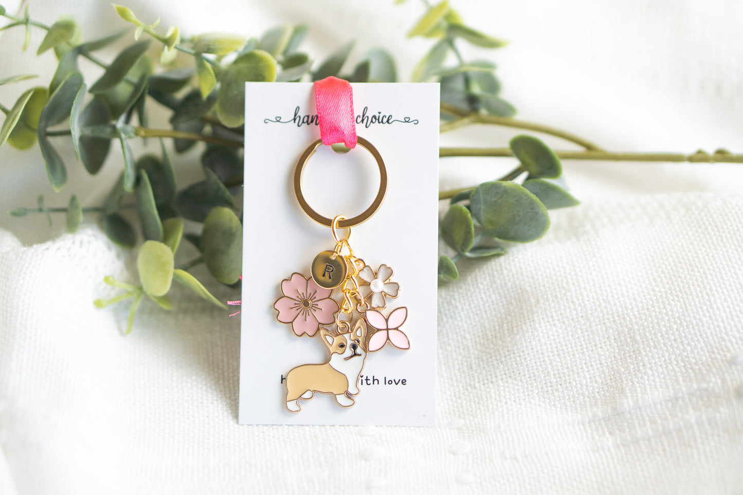 Brown Corgi with Flower Charm Keychain