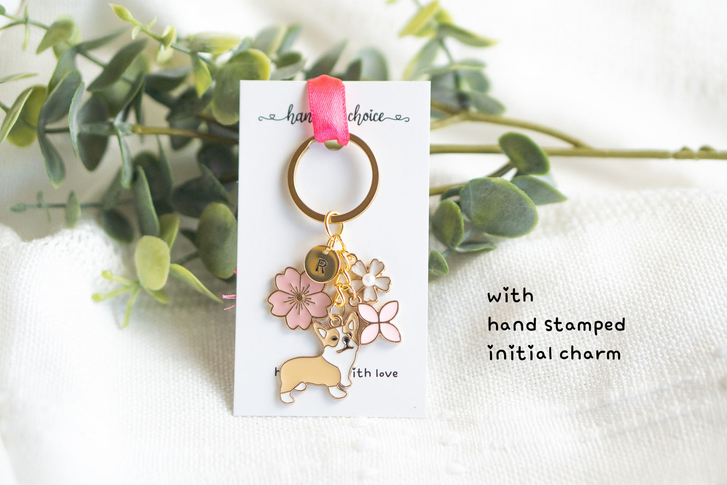 Brown Corgi with Flower Charm Keychain