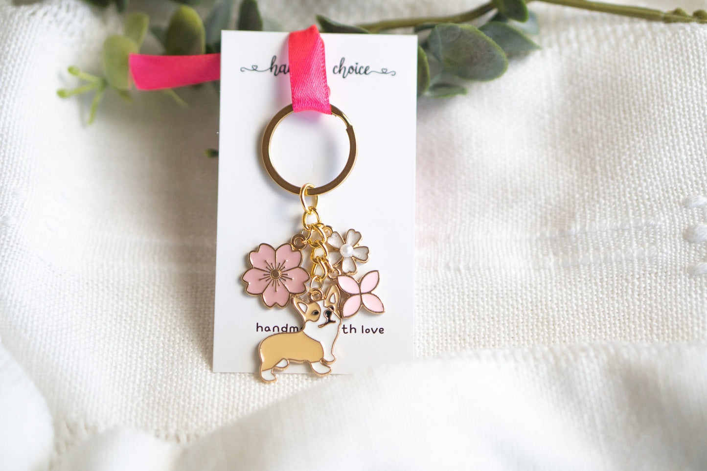 Brown Corgi with Flower Charm Keychain