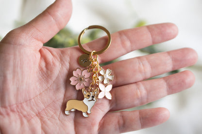 Brown Corgi with Flower Charm Keychain