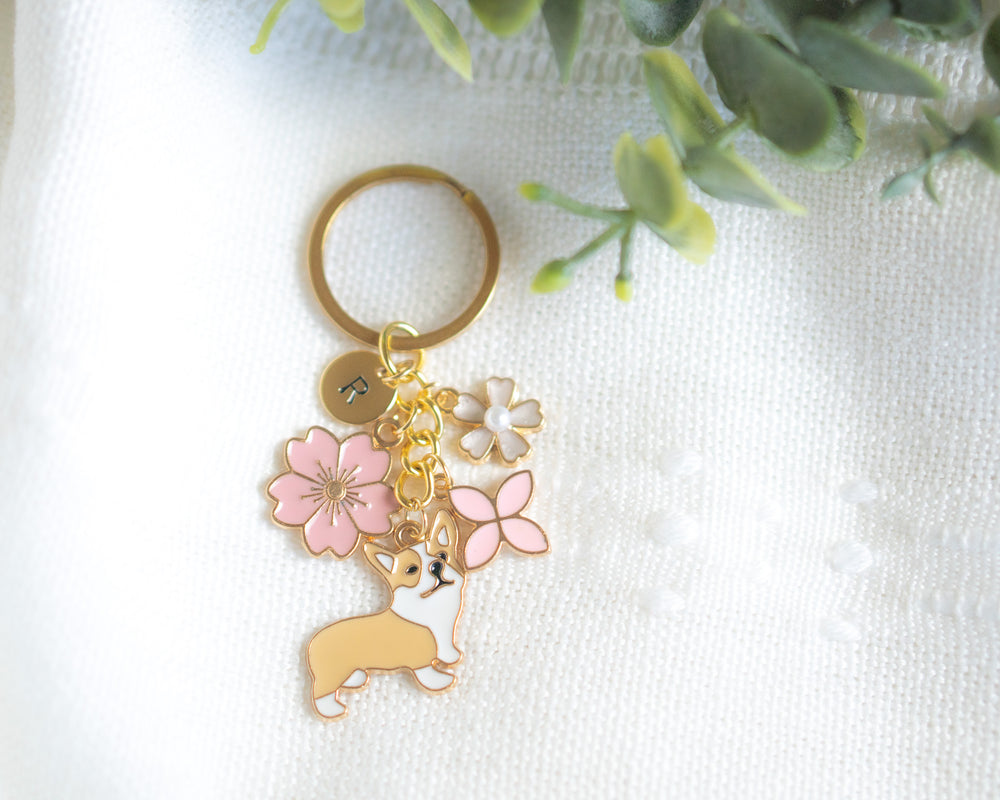 Brown Corgi with Flower Charm Keychain