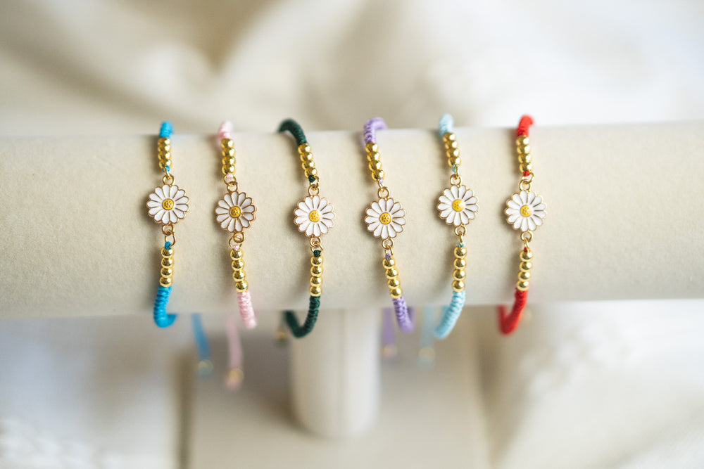 Colorful Cord Bracelet with 24K Gold Plated Beads and White flower