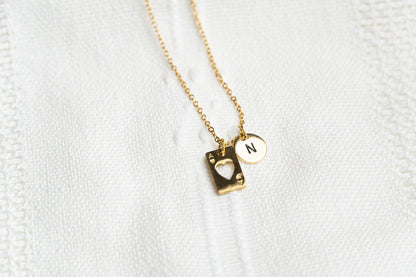Gold Poker Card with Heart Necklace,  playing card Jewelry,